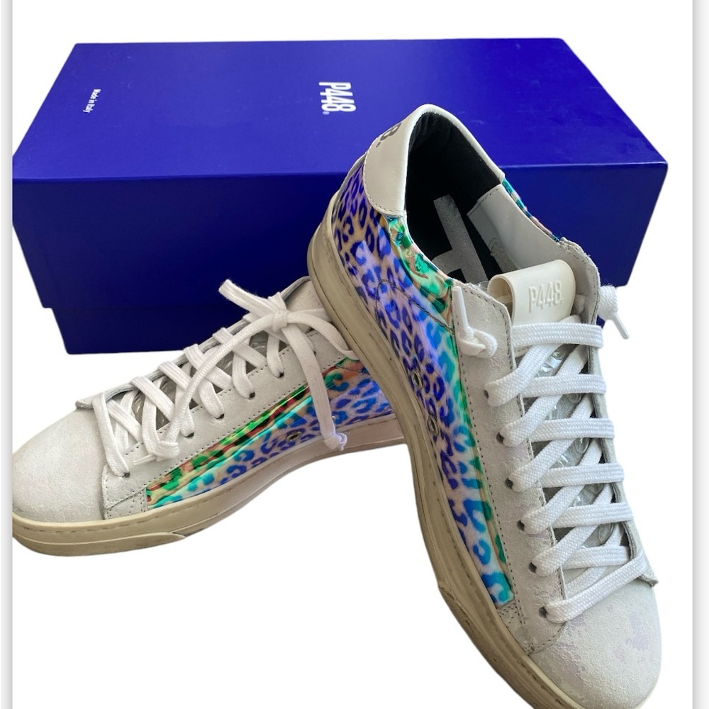 P448 EU 36/US 6 Jack Leopard holographic print low top sneakers. NIB